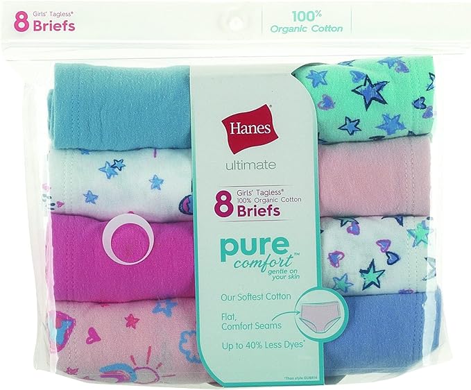 Hanes Girls’ 100% Organic Cotton Briefs or Hipsters